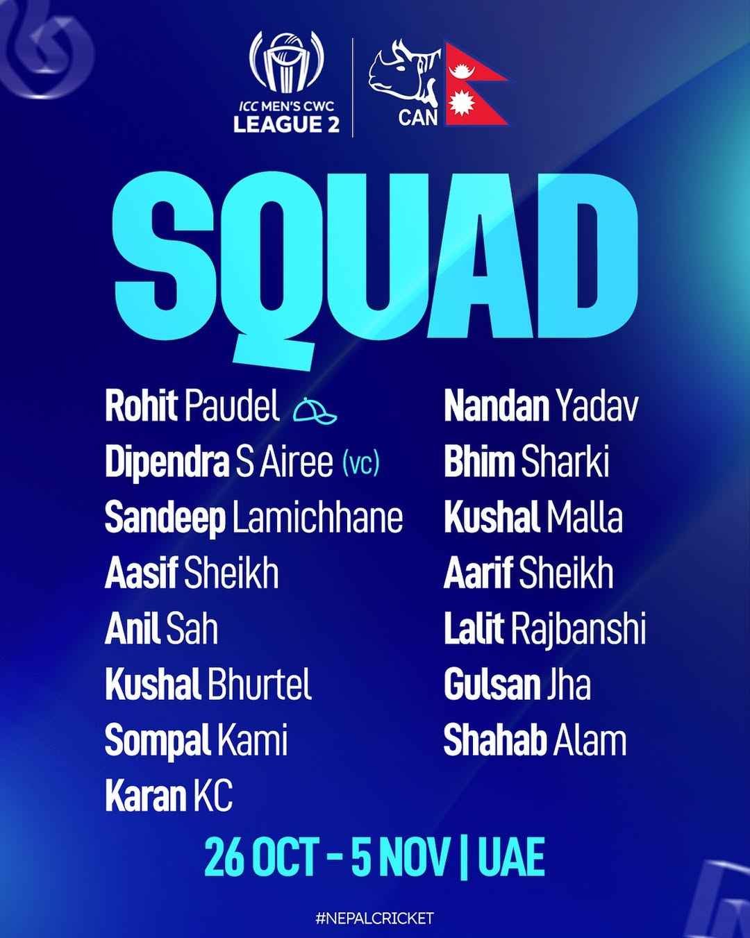 ICC Men's Cricket World Cup League 2: Nepal Squad
