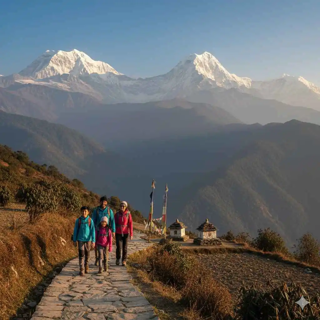 A family enjoying a scenic Himalayan trail during their trek in Nepal - trekking in Nepal with kids