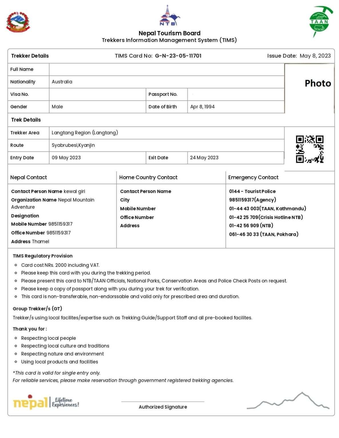 Annapurna Conservation Area Permit (ACAP) or Sagarmatha National Park Permit