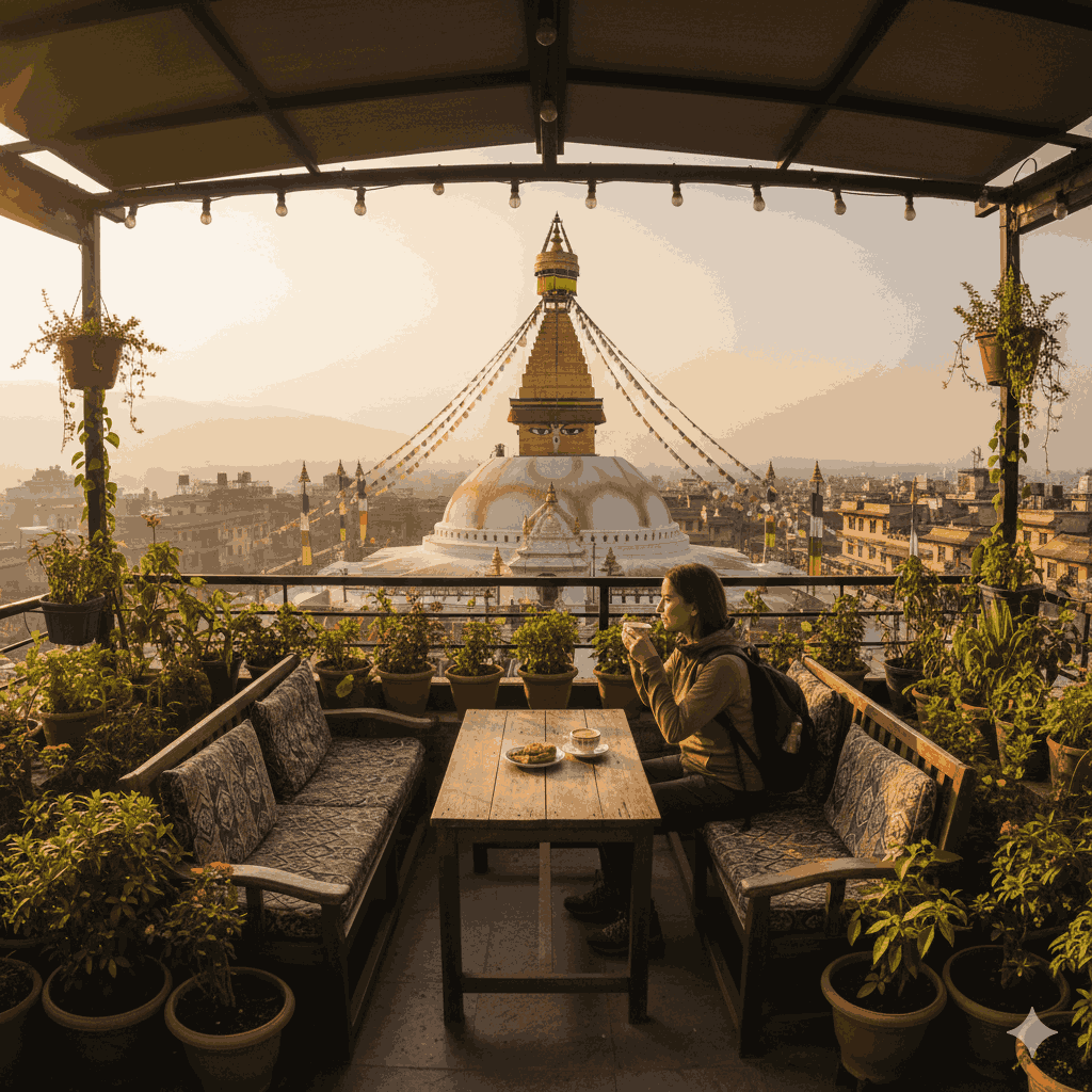 Cafe in Swayambhu with rooftop view of Swayambhu Stupa and morning coffee