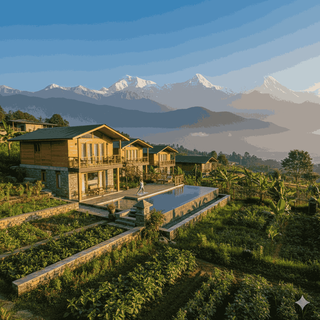Luxury hotels in Nepal – Tiger Mountain Lodge with mountain panorama