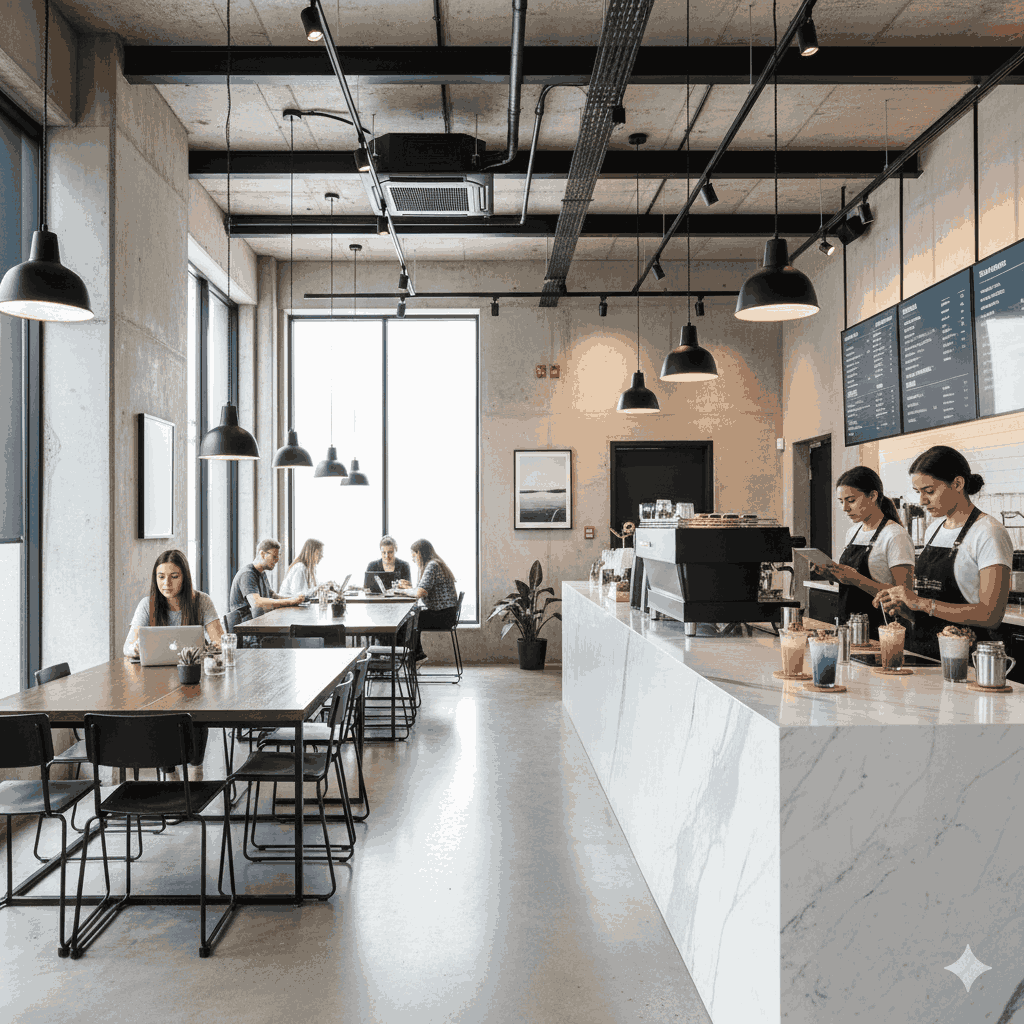 Minimalist industrial aesthetic cafe in Pokhara with sleek decor and modern ambiance at White Rabbit Coffee. 