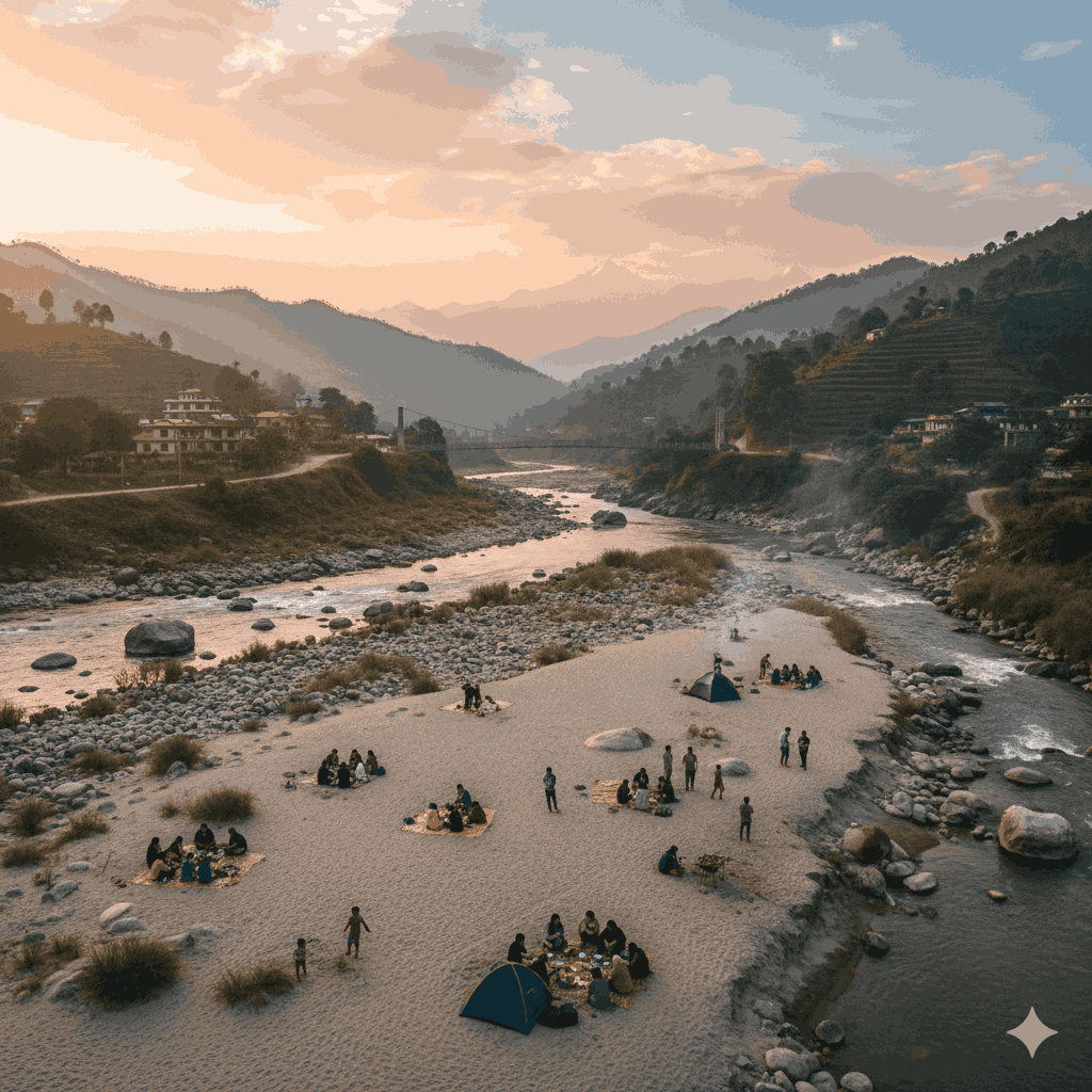 Scenic view of a popular Picnic Spot near Sukute along the Sindhupalchok riverside with sandy banks and flowing river, Nepal
