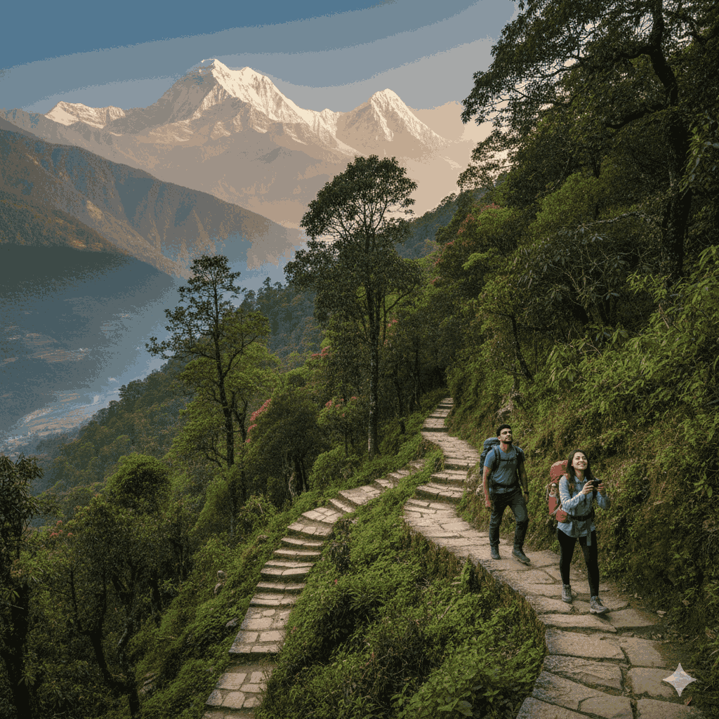 Intermediate hiking trail from Kande to Australian Camp near Pokhara, showcasing stunning mountain views and lush forests, highlighting intermediate hiking trails near Pokhara.