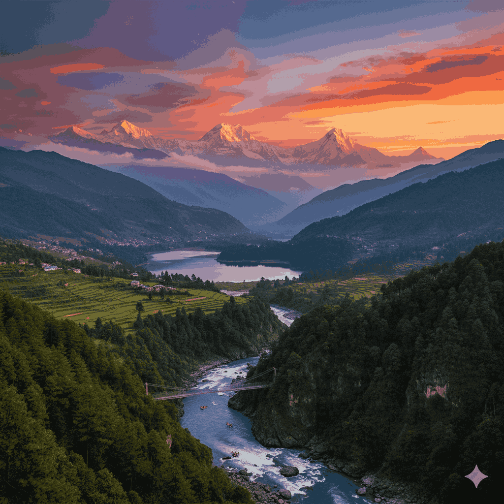 Featured panoramic view of Sindhupalchok District, Nepal, highlighting mountains, sacred lakes like Panch Pokhari, adventure hotspots such as Bhotekoshi River, showcasing the diverse tourist attractions in Sindhupalchok district