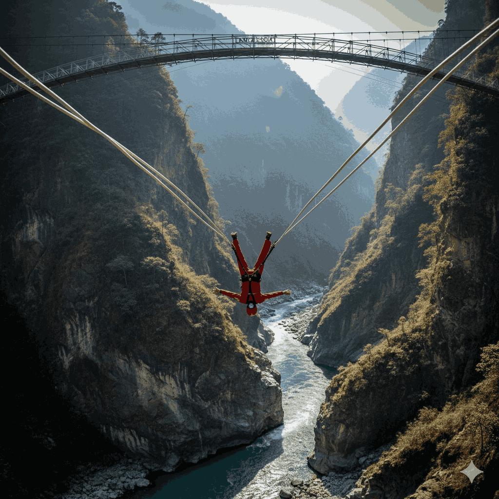 A Nepal 1 week itinerary adventure seekers experience an adrenaline-pumping bungee jump over Bhote Koshi gorge, showcasing Nepal's extreme sports scene.
