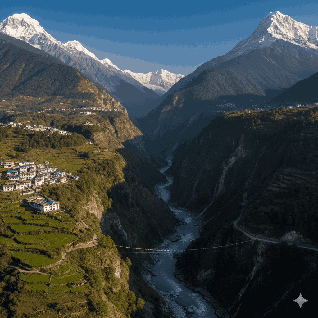 Stunning aerial view of the deepest land gorge on earth, with towering Himalayan peaks on either side.
