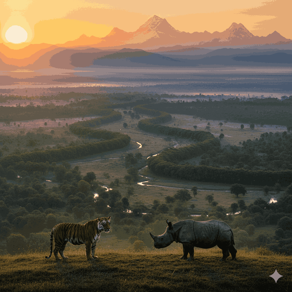 A stunning landscape illustrating how endangered animals conserved in Nepal through protected corridors and national parks, with Himalayan peaks in the distance