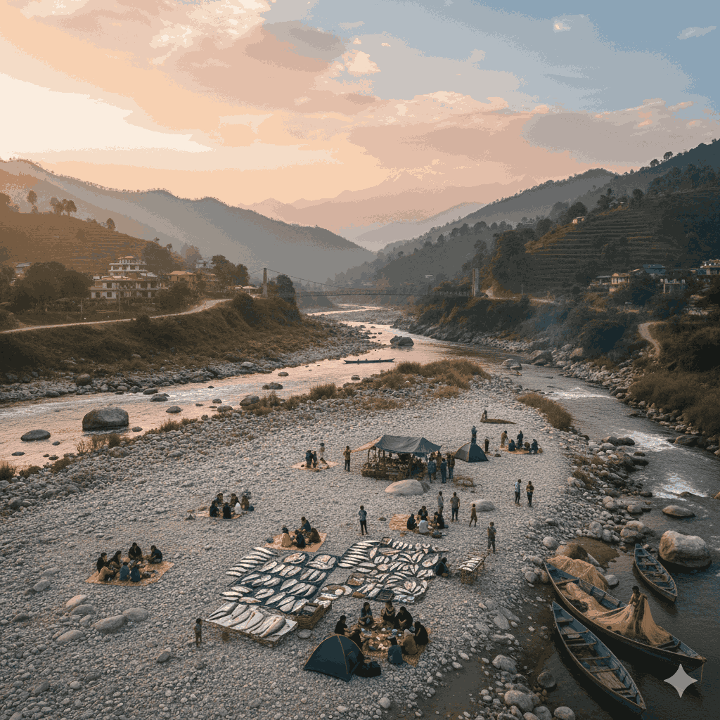 Secluded Picnic Spot near Sukute at Dolalghat with gravel banks and local fish vendors, Nepal