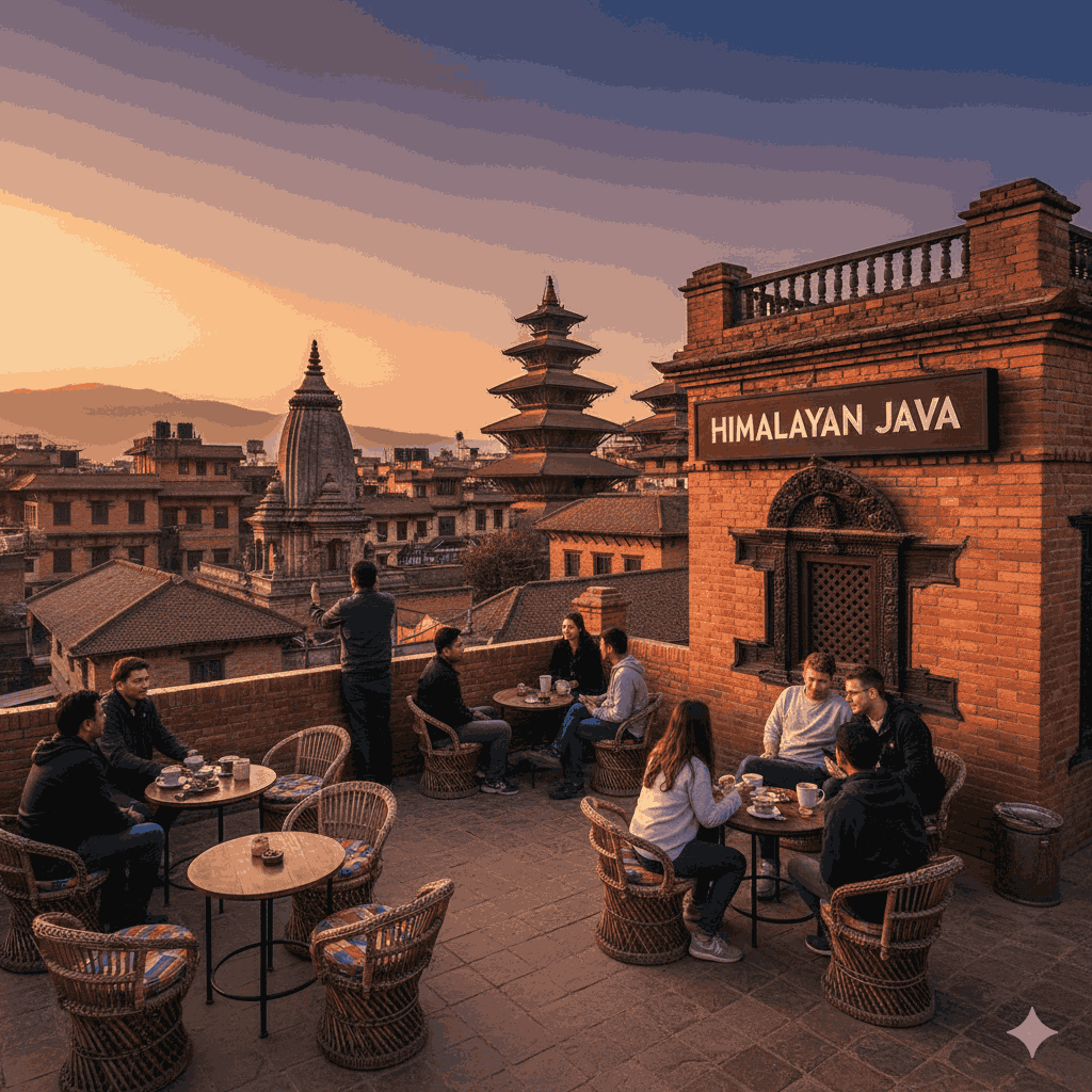 Himalayan Java Bhaktapur rooftop cafe with temple views, the best cafe in Bhaktapur for scenic coffee experience