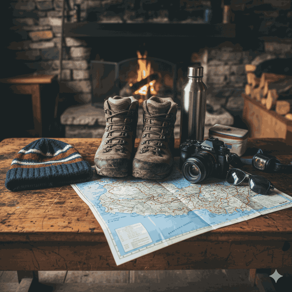 Essential gear and maps prepared for a successful Jhinu Danda Trek.