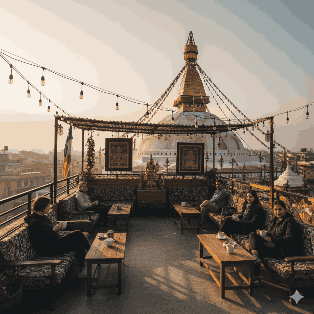 Cafe in Swayambhu with rooftop view of Swayambhu Stupa at sunrise