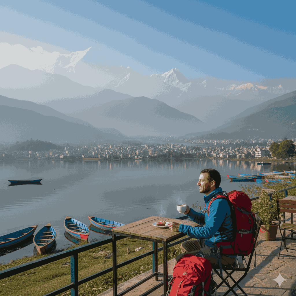 Places to visit alone in Pokhara – solo traveler at Lakeside café