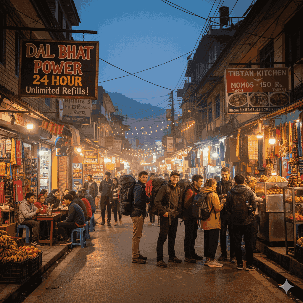 Affordable local food and lively street scene in Pokhara, a top cheap travel destination in Nepal
