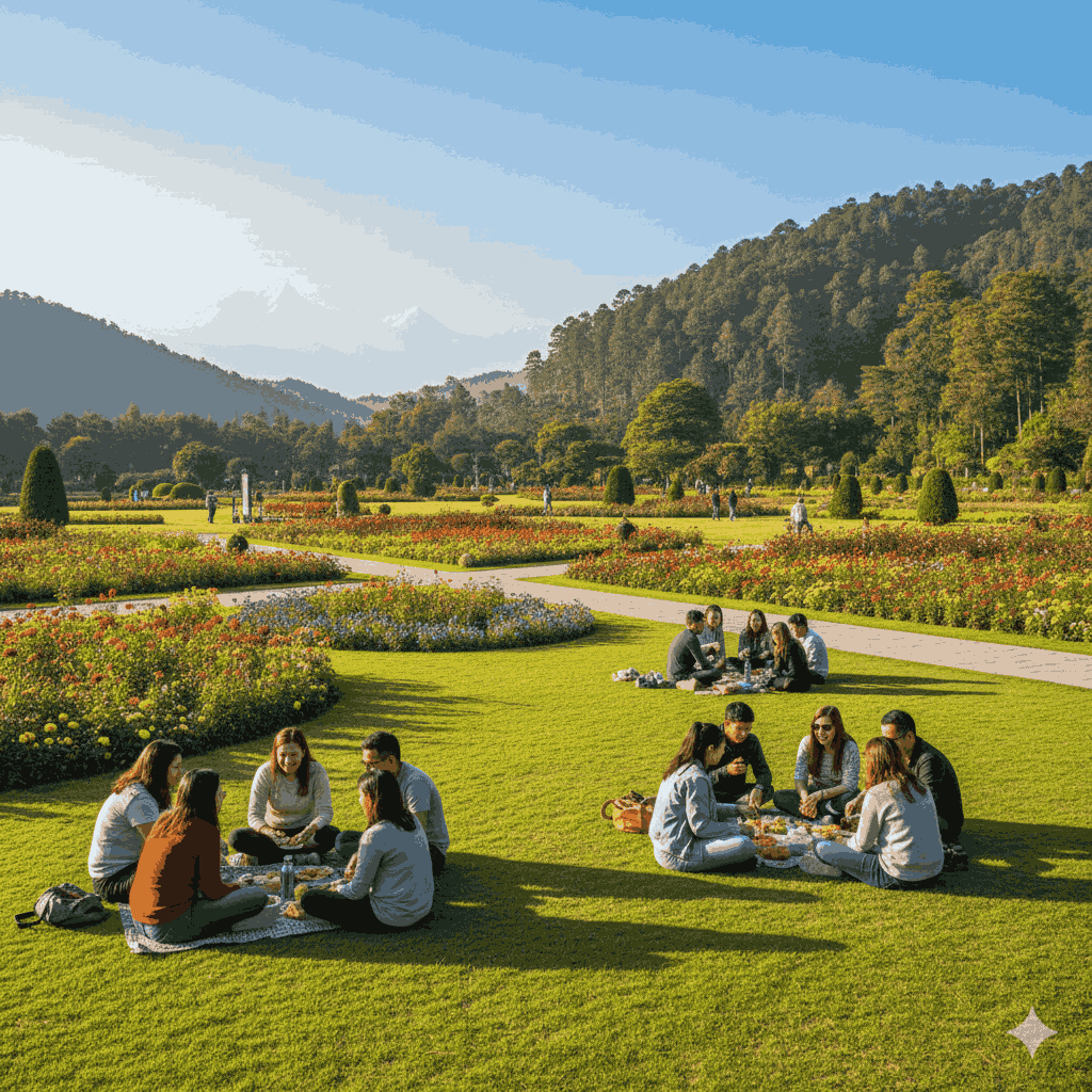Dry picnic spot in Kathmandu: Godawari Botanical Garden offering lush lawns and biodiversity for family picnics.