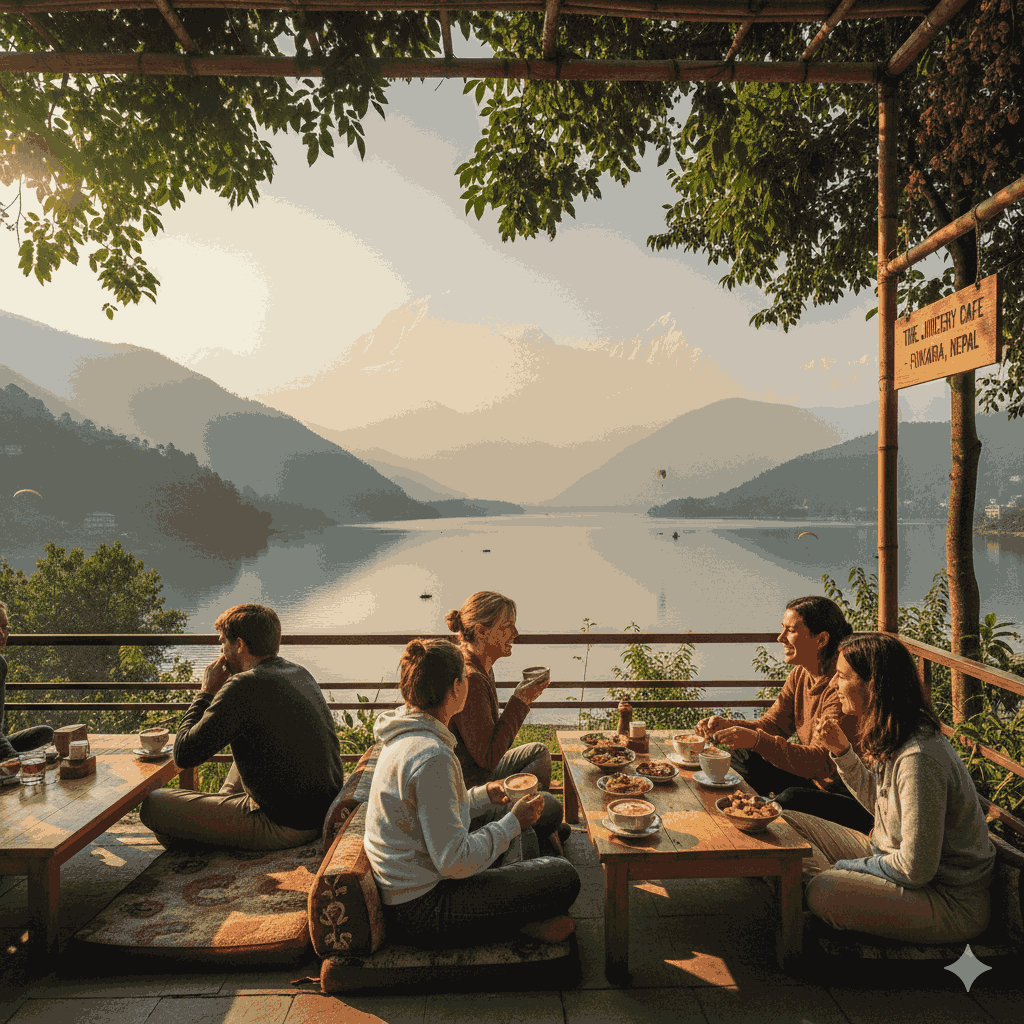 Scenic view of the best cafe in Pokhara with a lakeside terrace overlooking Fewa Lake and the Himalayas