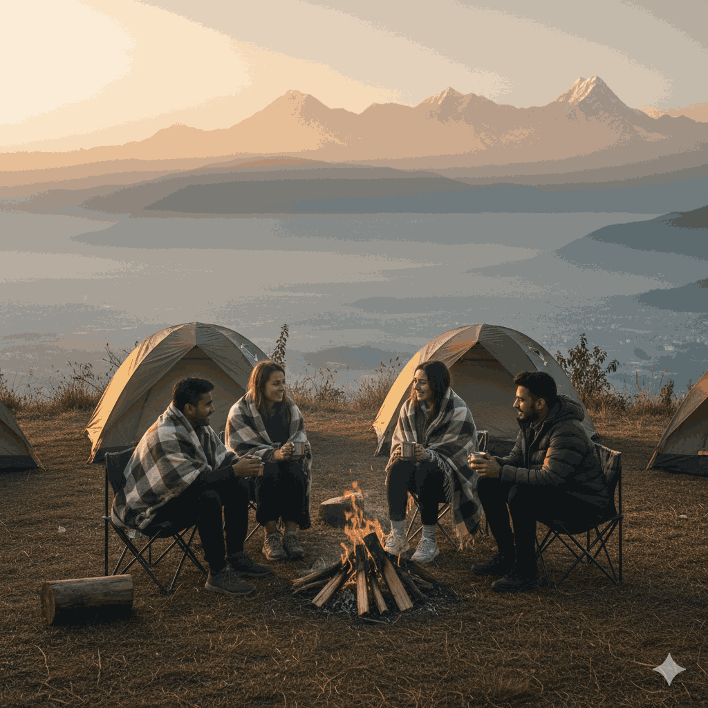 Lakuri Bhanjyang, the best natural place to visit in Lalitpur with friends, for sunrise camping and panoramic valley views.