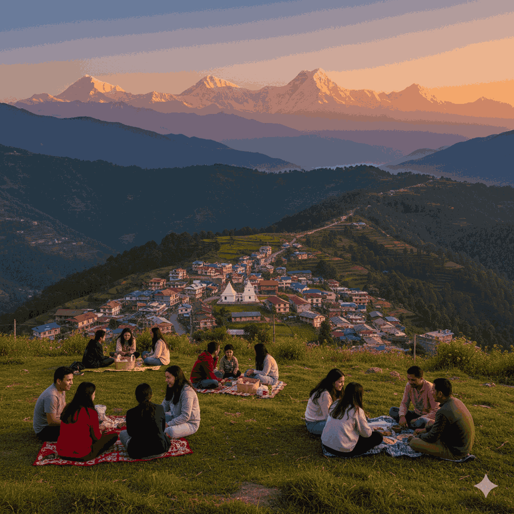 Beautiful picnic spot near Dolakha at Charikot offering panoramic mountain views and modern amenities for a relaxing outdoor meal.