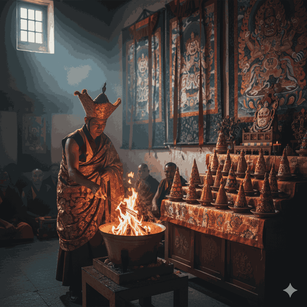 Role of Monasteries and Lamas During Losar Celebrations in Nepal ,Lama performing Gutor ritual to banish negativity, surrounded by offerings and sacred art inside a monastery.