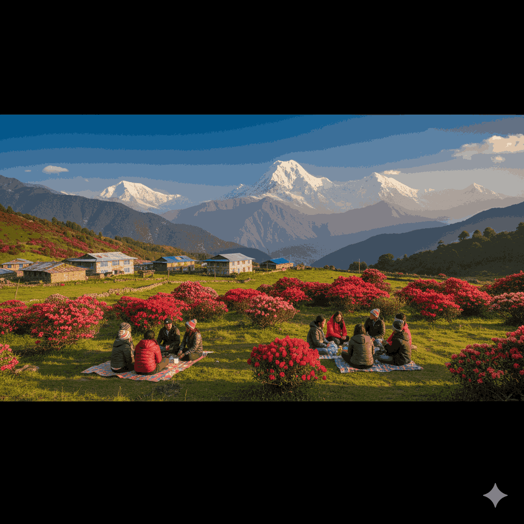 Alpine picnic spot near Dolakha at Kuri Village with sprawling meadows, rhododendron blooms, and stunning Himalayan scenery.