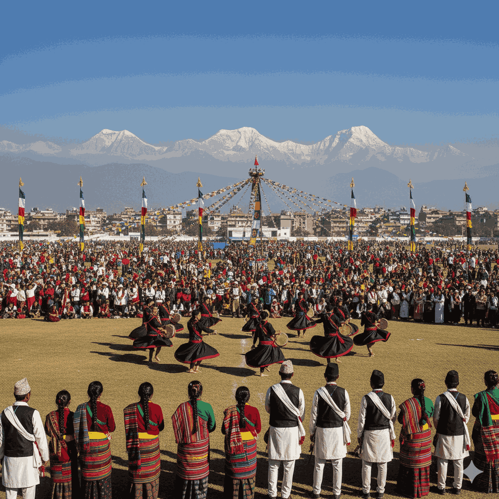 Losar Festival in Photos, Colorful celebrations in Kathmandu with traditional costumes, cultural dances, and prayer flags during Losar.
