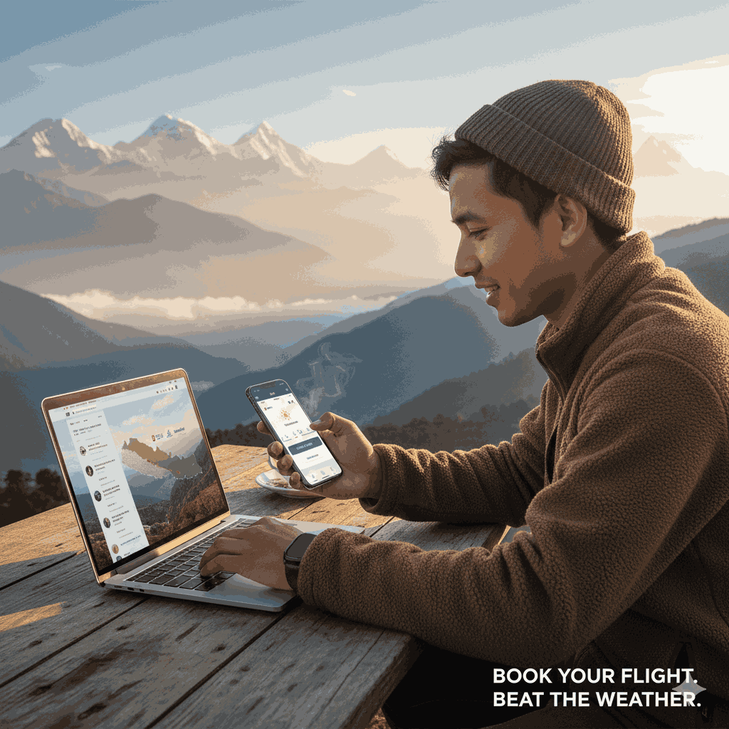 Person booking domestic flight in Nepal online from a scenic Himalayan viewpoint, illustrating how to book domestic flight in Nepal and plan for weather delays