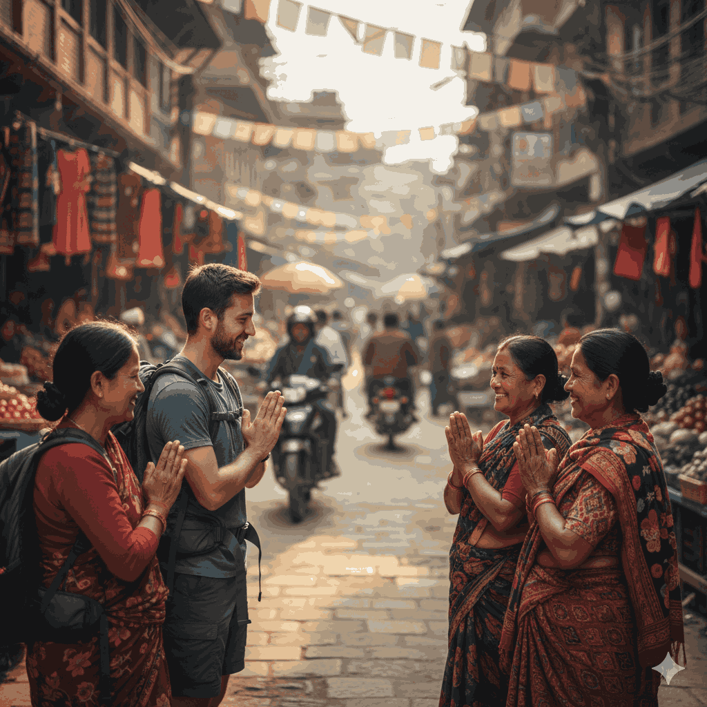 Travelers learning how to greet in Nepal with the traditional Namaste gesture from friendly locals