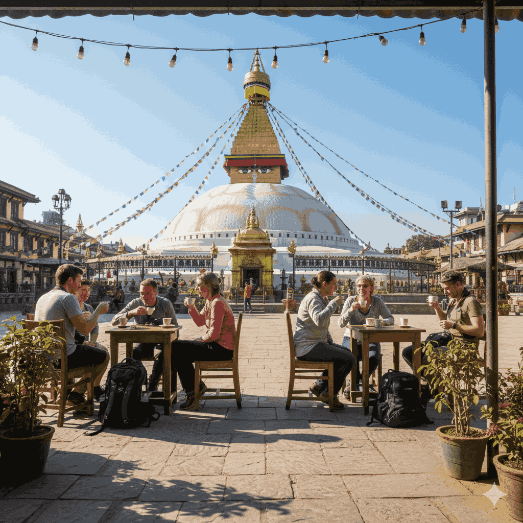 Cafe in Swayambhu with Stupa view.