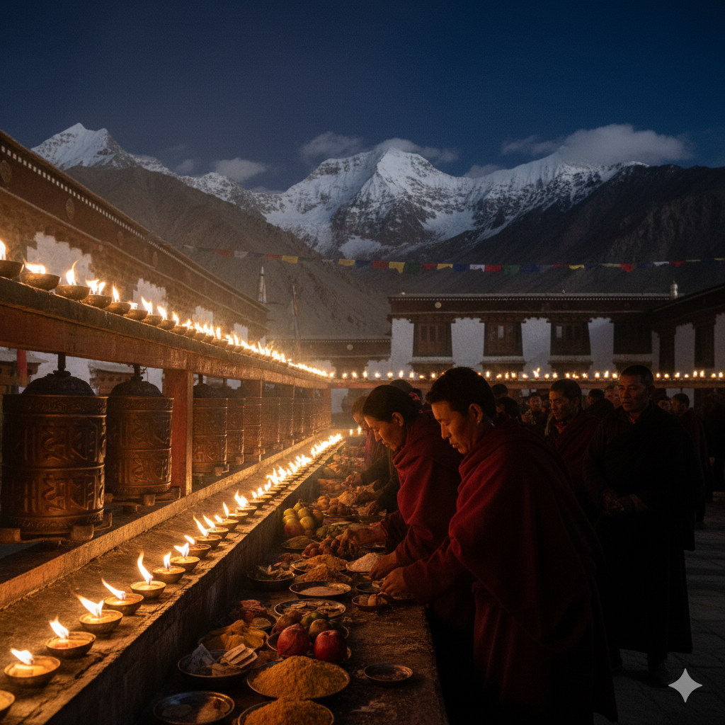 How Losar is celebrated in Mustang, Manang, and Himalayan villages — Sherpa community lighting butter lamps during Gyalpo Losar in Upper Mustang