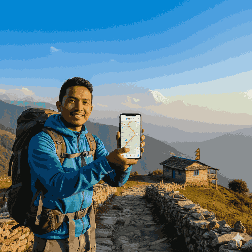Trekking in Nepal with offline maps from Maps.me or HoneyGuide on a smartphone, ensuring navigation safety