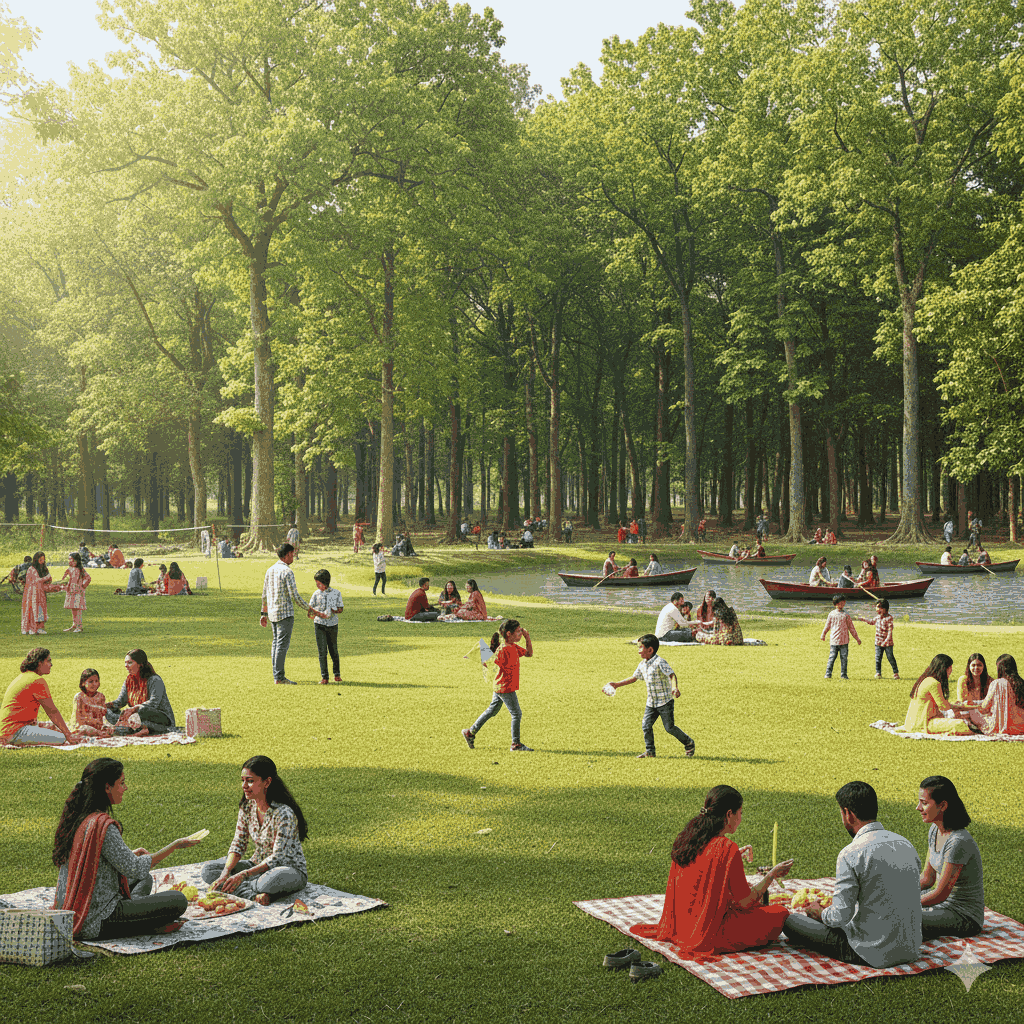 Managed picnic spot near Bhairahawa at Shankar Nagar Banbatika with families relaxing and children playing.