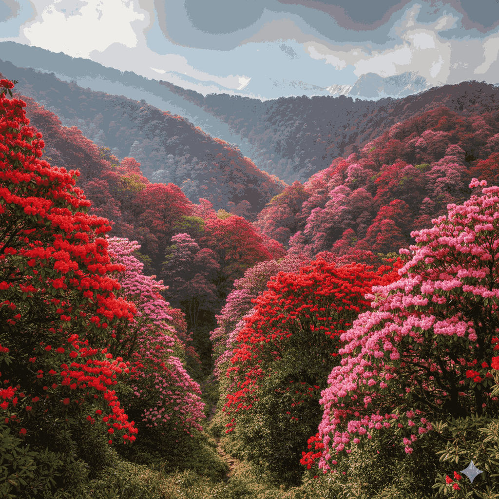 Rhododendron forests in Taplejung, Nepal, in full bloom during the best time to visit Taplejung in spring.