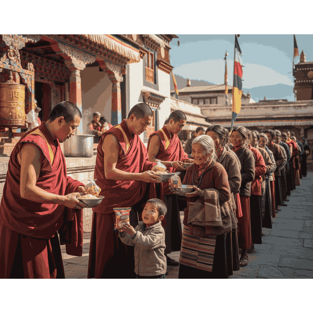 Role of Monasteries and Lamas During Losar Celebrations in Nepal — Monks giving charity and food to community members, embodying spiritual compassion during Losar.
