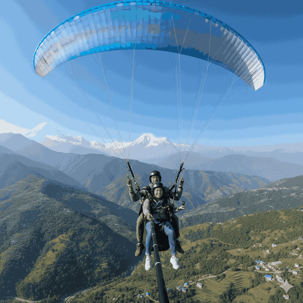A Nepal 1 week itinerary adventure seekers enjoy paragliding over Pokhara with breathtaking Himalayan mountain views.