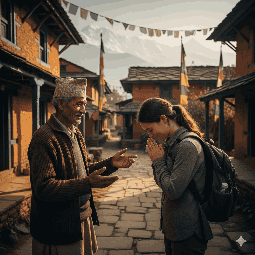 An elder demonstrating polite greeting customs on how to greet in Nepal with visitors in a respectful manner