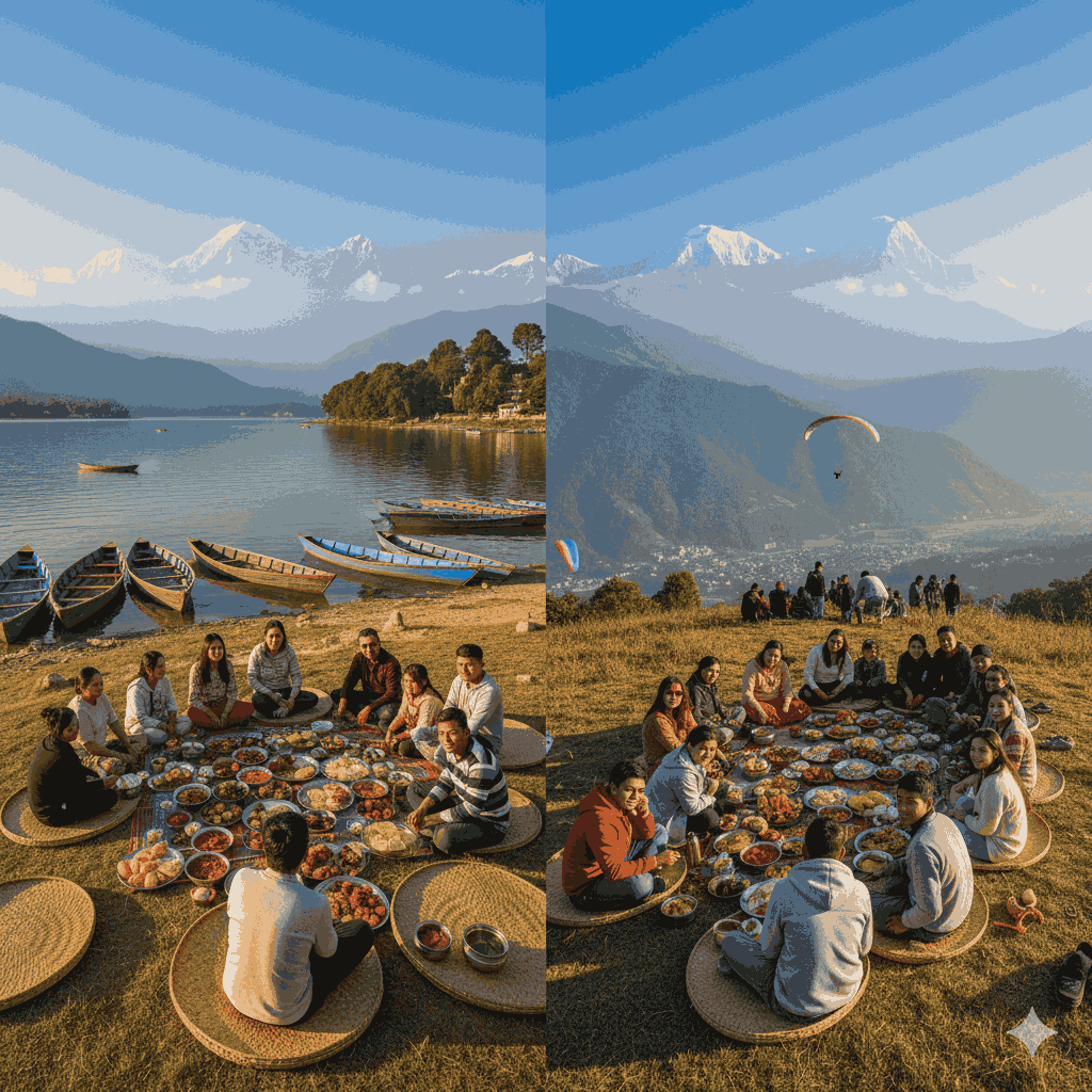Tranquil picnic spot in Nepal for tourists at Begnas Lake with mountain views, or a scenic hilltop picnic at Sarangkot overlooking Pokhara Valley.