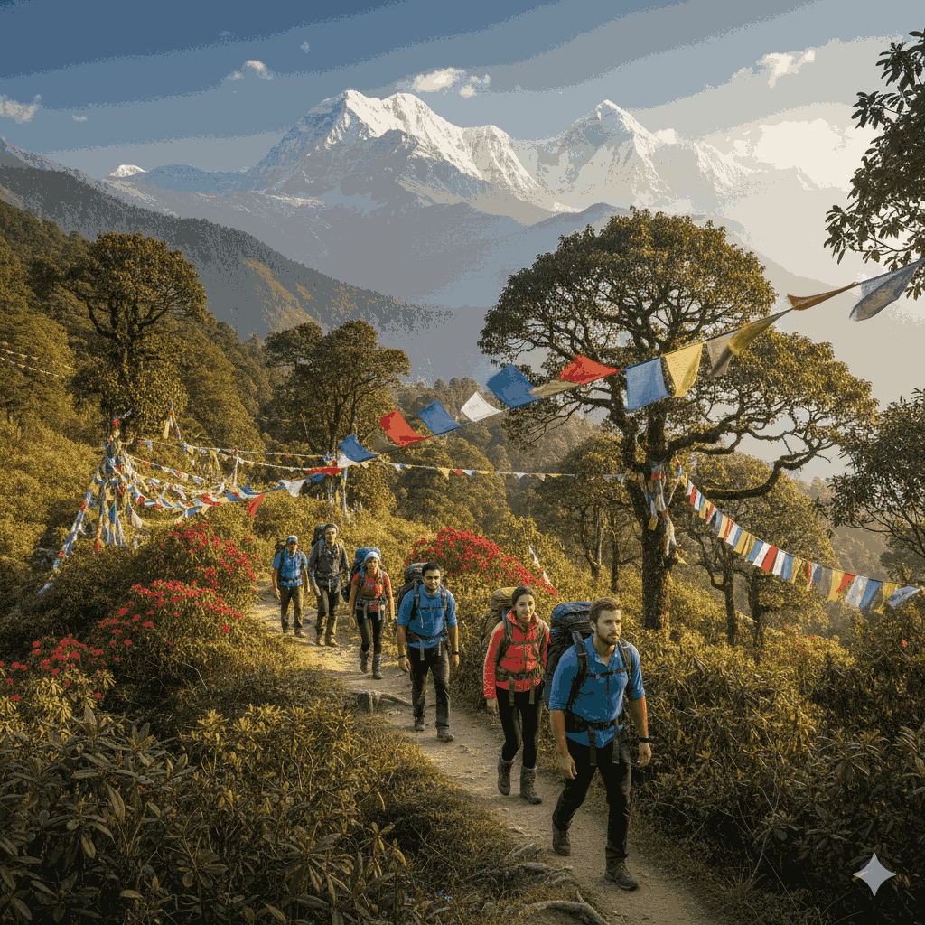 Group trekking in the Himalayas of Nepal, showing lush trails and snow-capped peaks, 1 week in Nepal where to visit and what to do