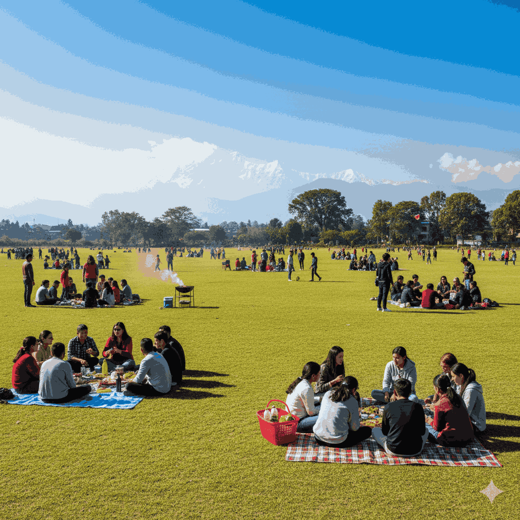 Spacious picnic spot near Dhulikhel at Tundikhel Grounds, ideal for family gatherings and outdoor activities.