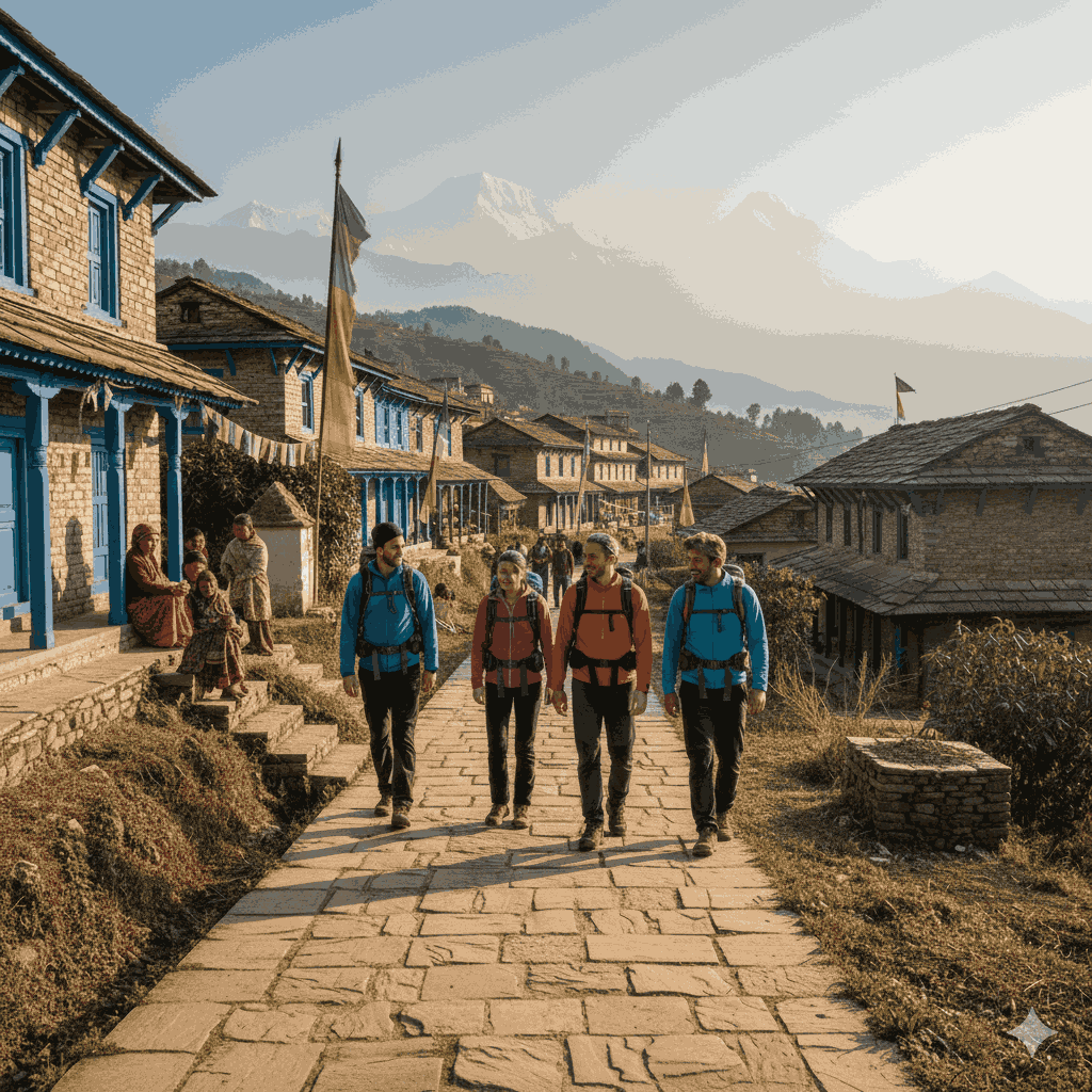 Trekkers on an easy trek in Nepal for beginners in 2026, traditional Nepali village, friendly locals, well-maintained trail
