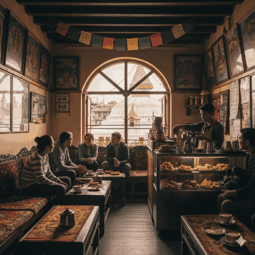 Traditional Nepali cafe in Swayambhu serving coffee and snacks.