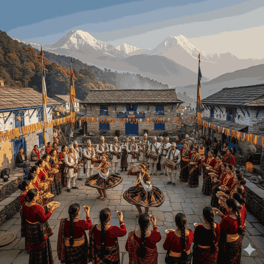 A vibrant Gurung festival in Nepal, featuring traditional dress, folk dance, and community celebration in a Gurung village.