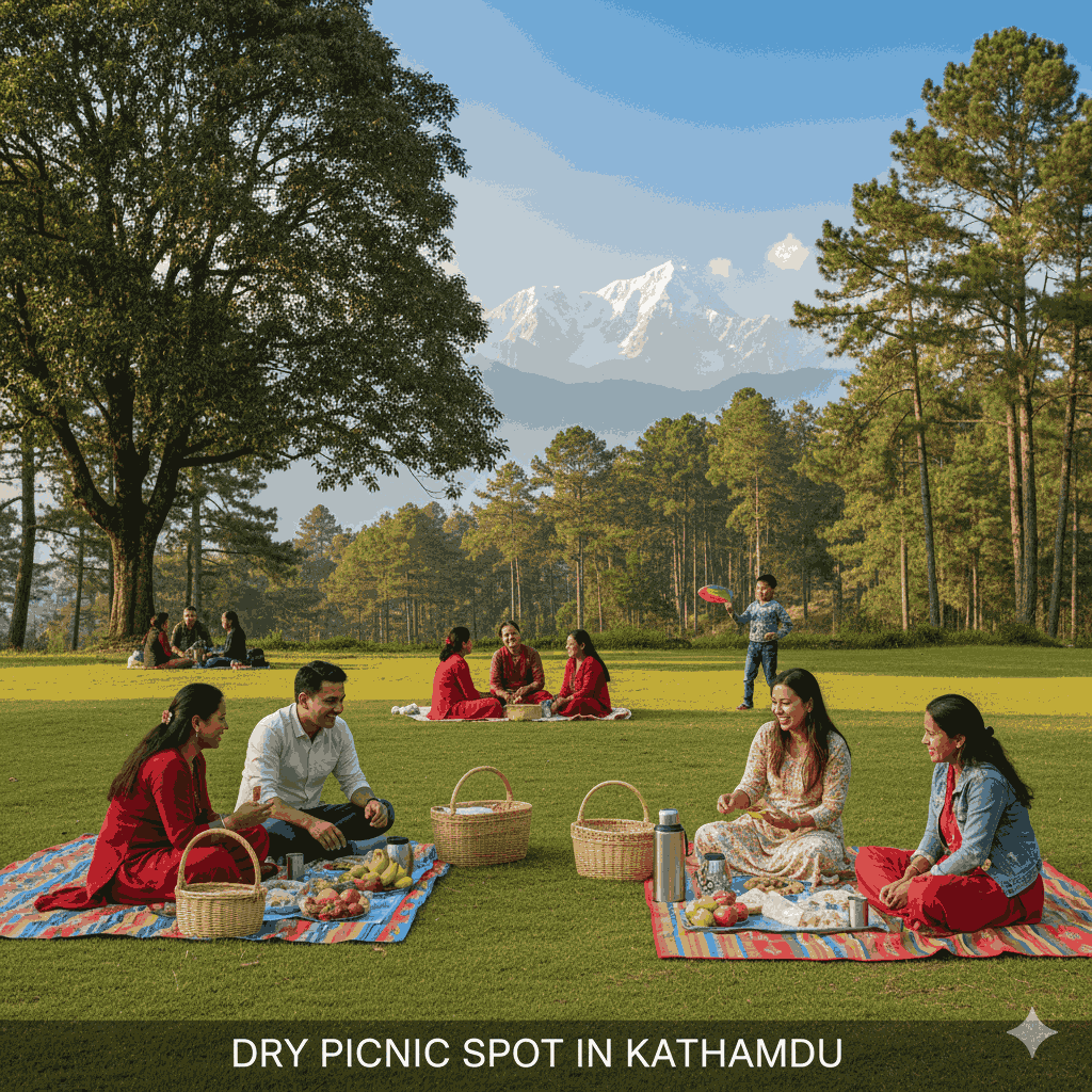 Dry picnic spot in Kathmandu: A serene green space perfect for a family outing with mountain views.