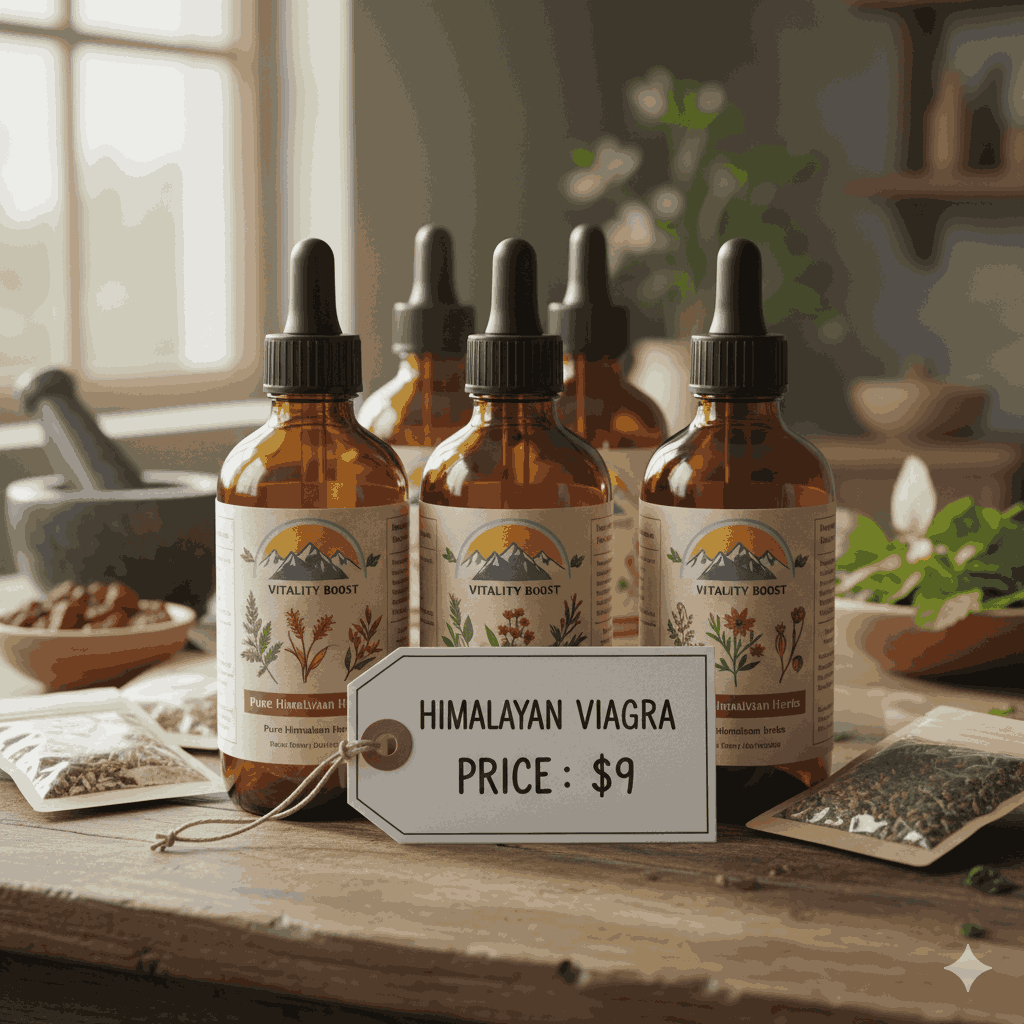 Himalayan Viagra price concept showing herbal supplements and price tag