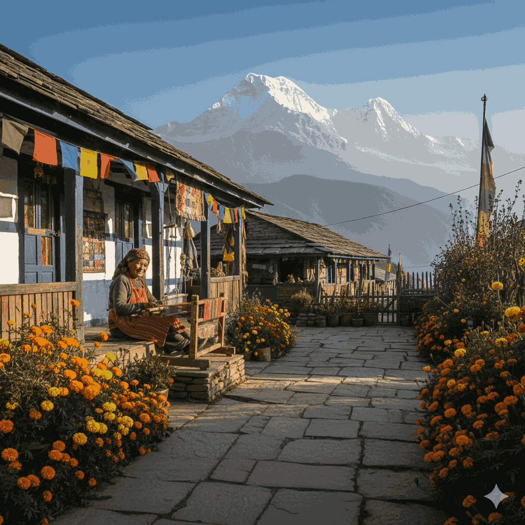 Traditional Gurung village architecture experienced on the Jhinu Danda Trek.