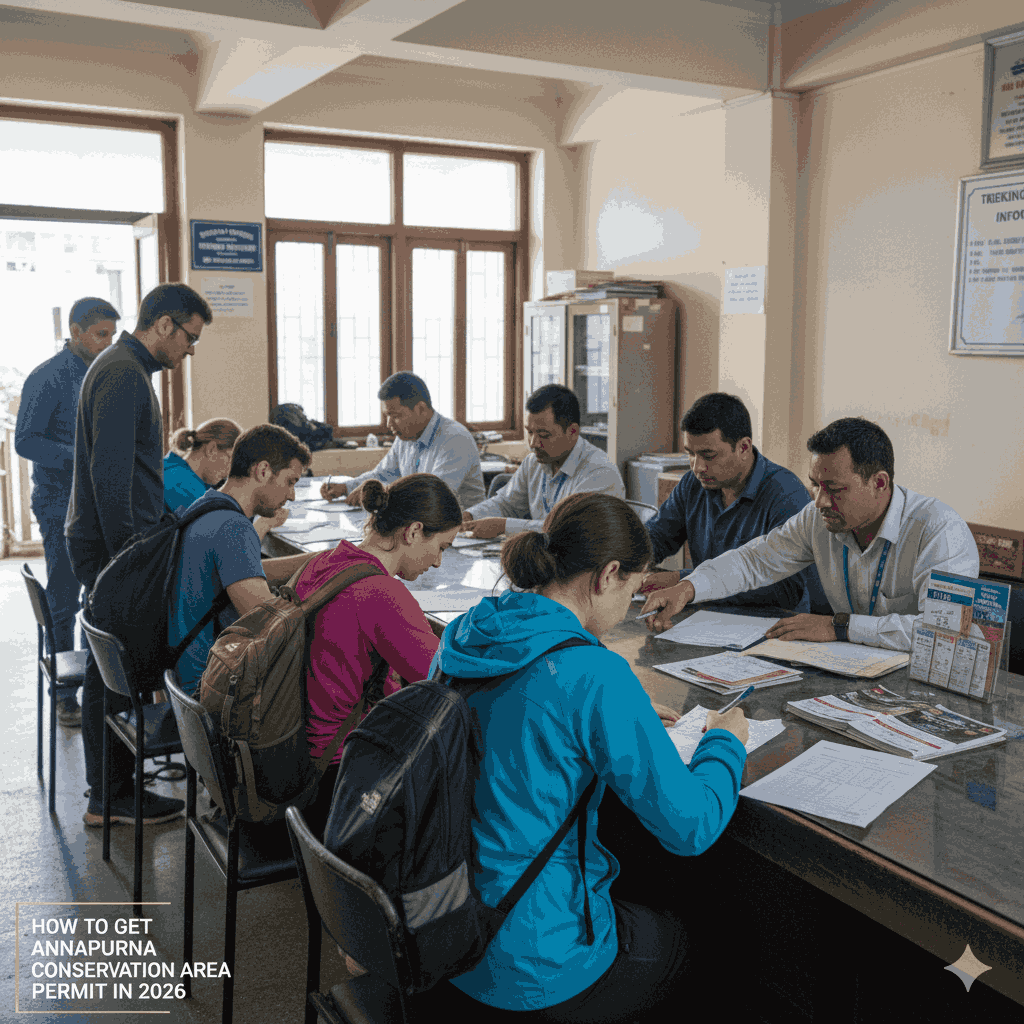 How to get Annapurna Conservation Area Permit in 2026: Trekker applying in person at the Kathmandu tourism office in Nepal.