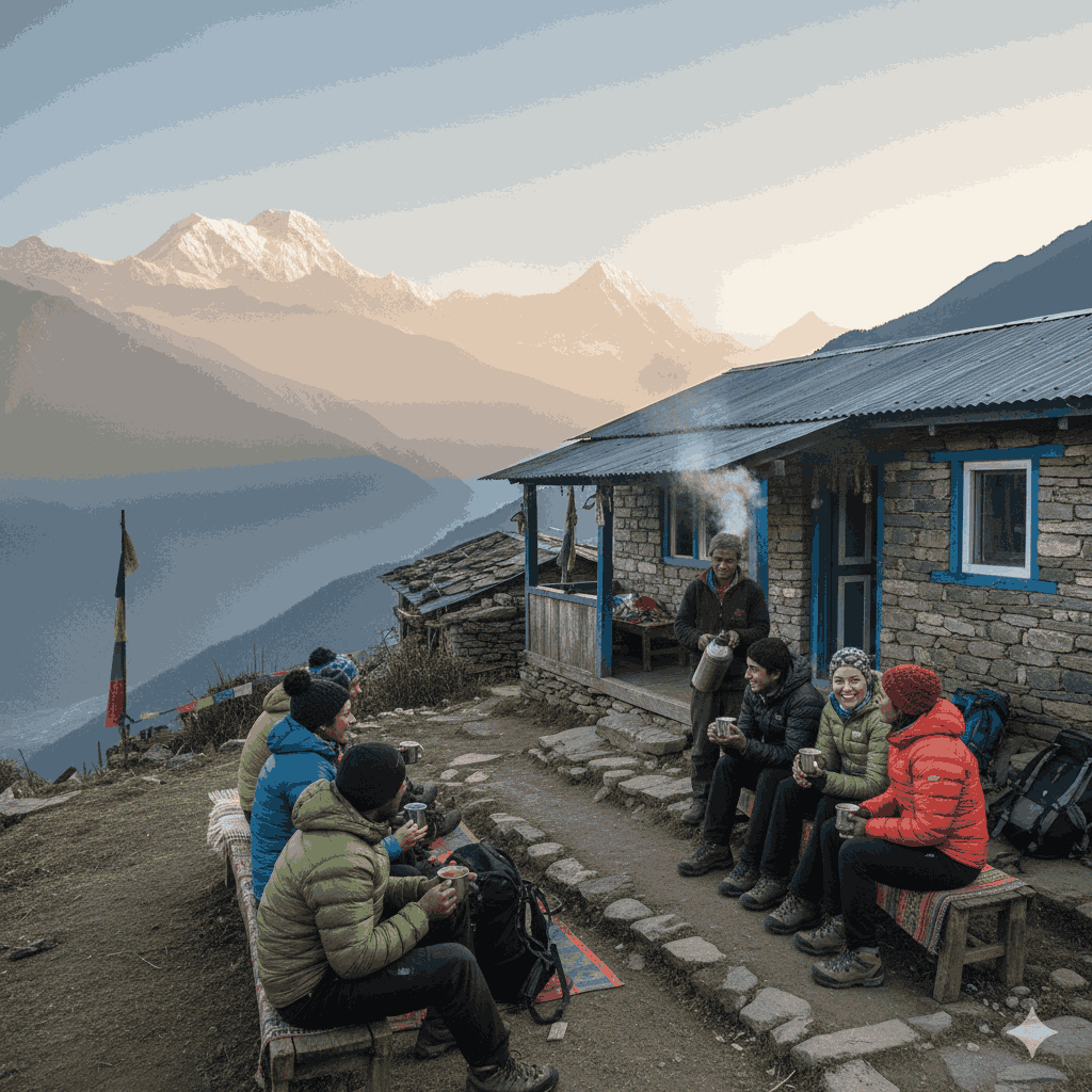 Teahouse along an easy trek in Nepal for beginners in 2026, mountain lodge, trekkers relaxing, scenic mountain backdrop