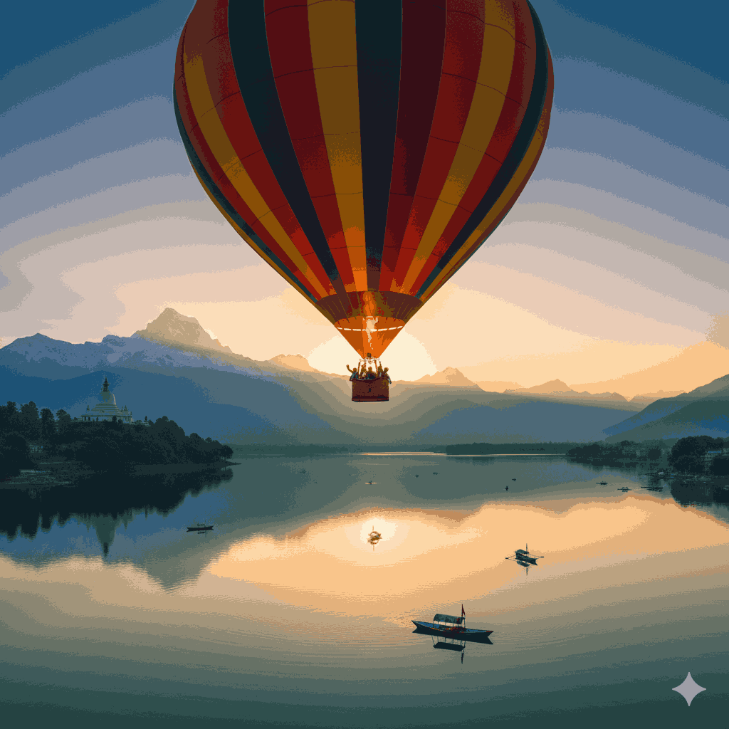Hot air balloon over Pokhara at sunrise during the best time for hot air balloon in Nepal