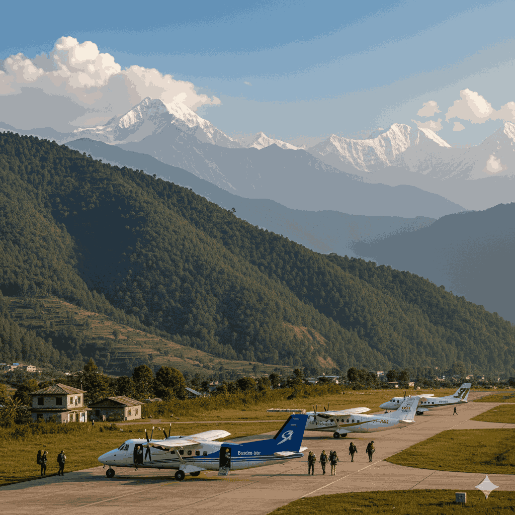 A scenic view of Ramechhap Airport with small aircraft ready for takeoff, surrounded by lush green hills and distant mountains, highlighting the remote airstrips used for Everest treks in Nepal.