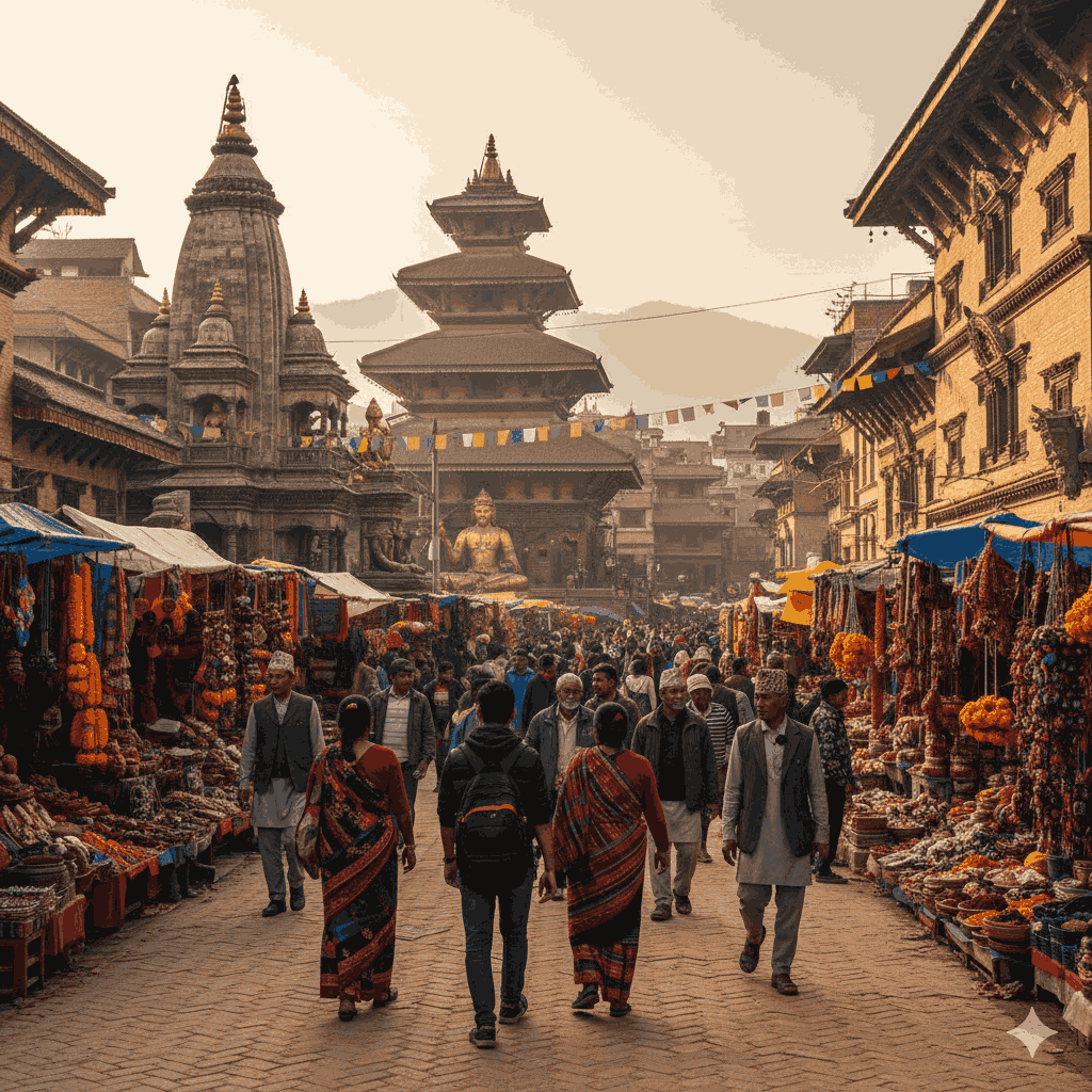Kathmandu Durbar Square in Nepal, showcasing historic temples and vibrant local life, ideal for a guide on where to visit and what to do in Nepal in one week