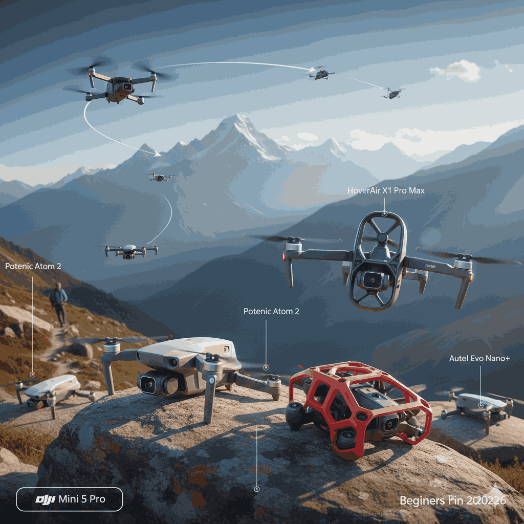 best beginner drones to have in 2026, including DJI Mini 5 Pro, HoverAir X1 Pro Max, and DJI Flip, in an outdoor landscape